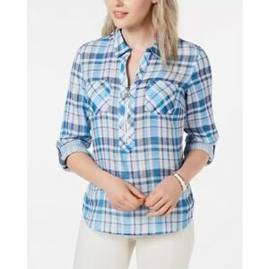 Tommy Hilfiger Women's Blue Plaid Roll-tab Sleeves 1/2 Zip Top Size XL